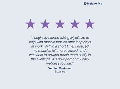 Five-star customer review for MyoCalm with testimonial text and Metagenics branding