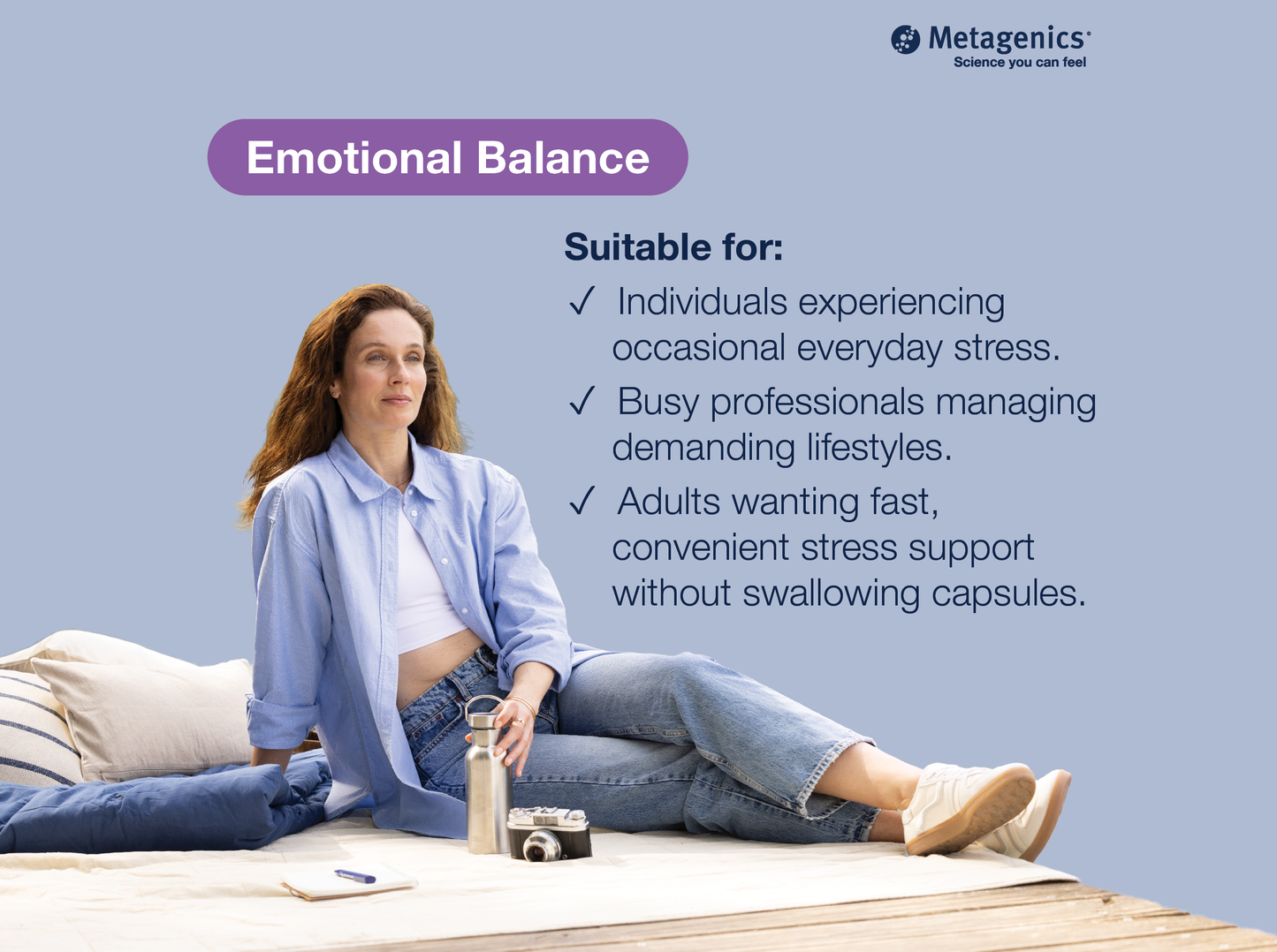 Information about emotional balance and healthy lifestyle support with NuSera and lifestyle imagery