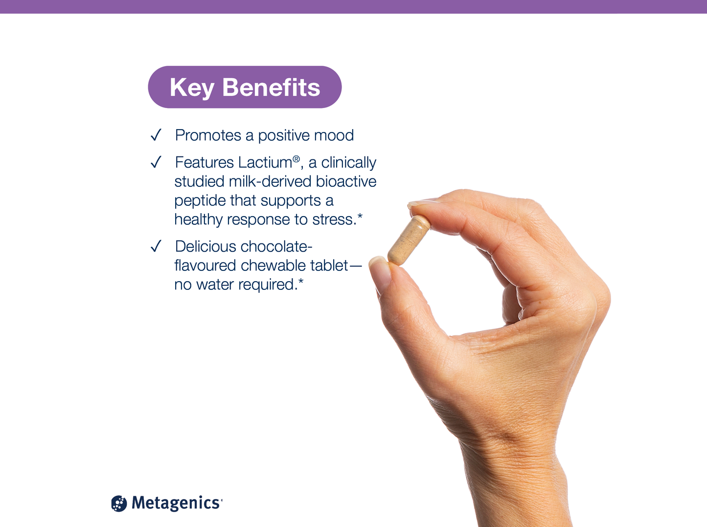 Hand holding a NuSera tablet beside key product benefits and Metagenics branding