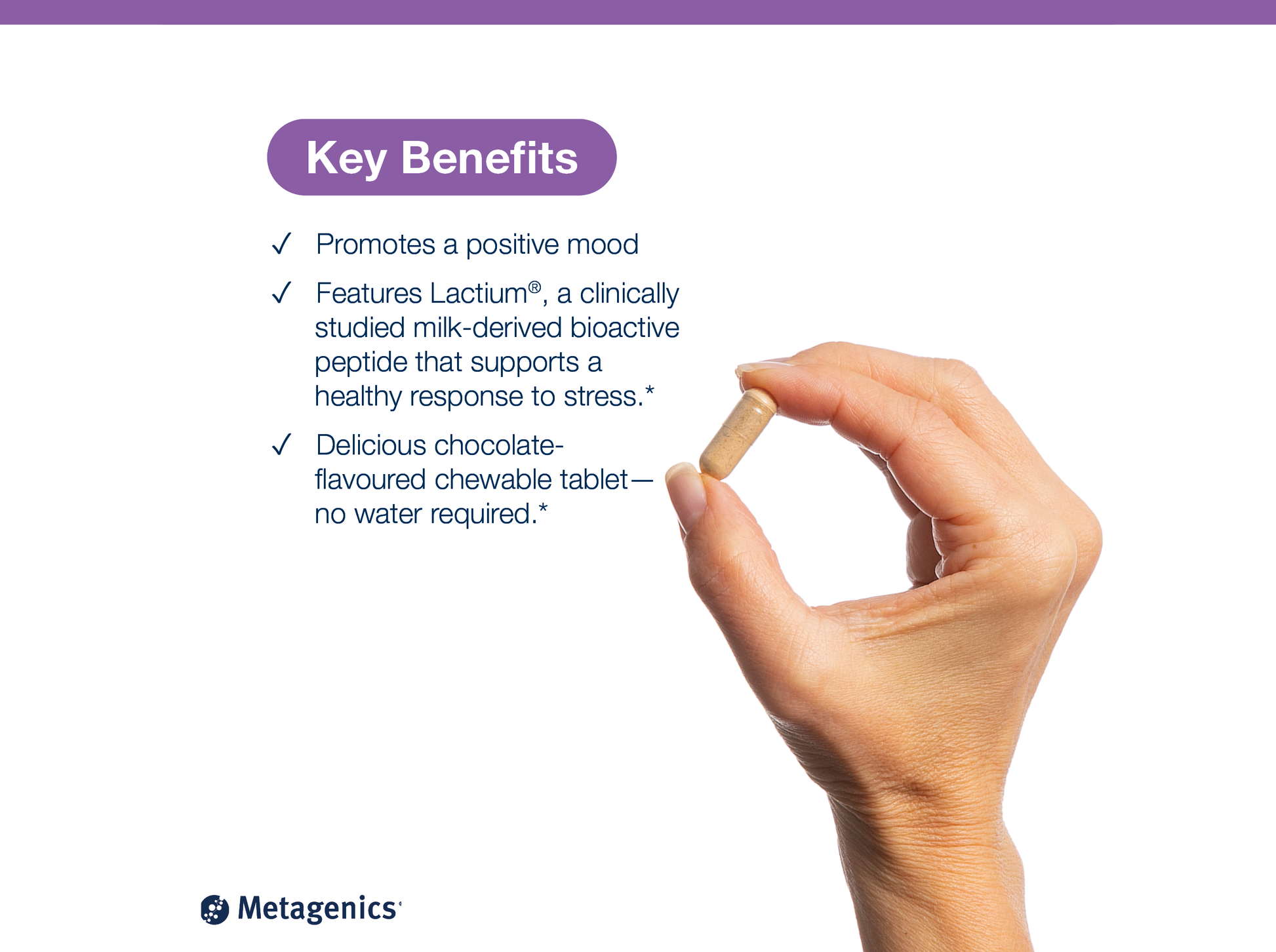 Hand holding a NuSera tablet beside key product benefits and Metagenics branding