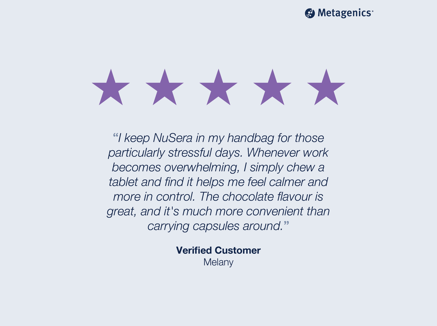 Five-star customer review for NuSera with testimonial text and Metagenics branding