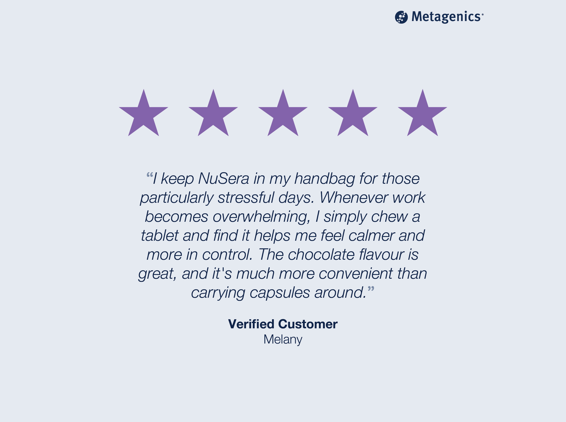 Five-star customer review for NuSera with testimonial text and Metagenics branding