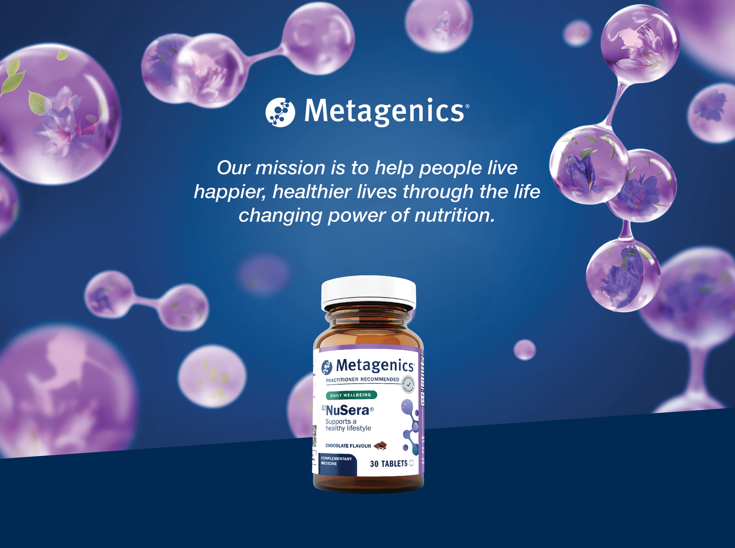 Metagenics NuSera supplement bottle displayed with the Metagenics mission to help people live happier and healthier lives through the life-changing power of nutrition