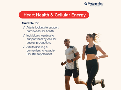 Information about heart health, cellular energy production and antioxidant support with NutraGems CoQ10 300 mg and active lifestyle imagery