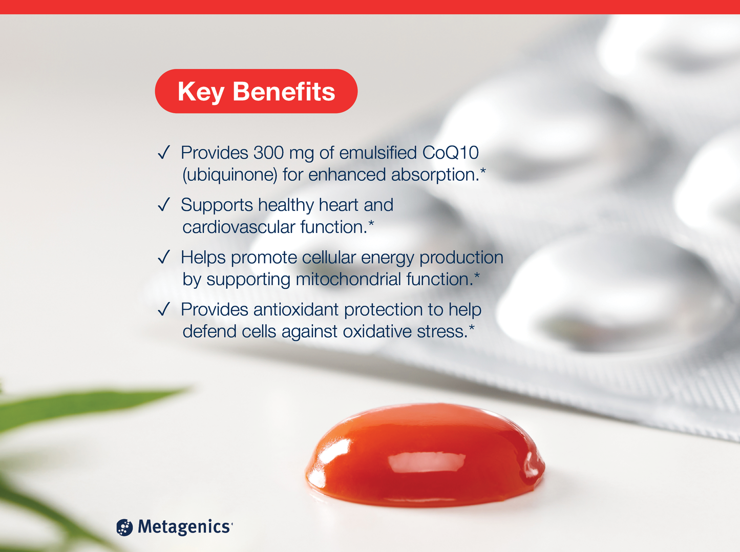 NutraGems CoQ10 300 mg gummy displayed beside key product benefits and Metagenics branding