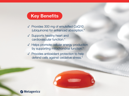 NutraGems CoQ10 300 mg gummy displayed beside key product benefits and Metagenics branding