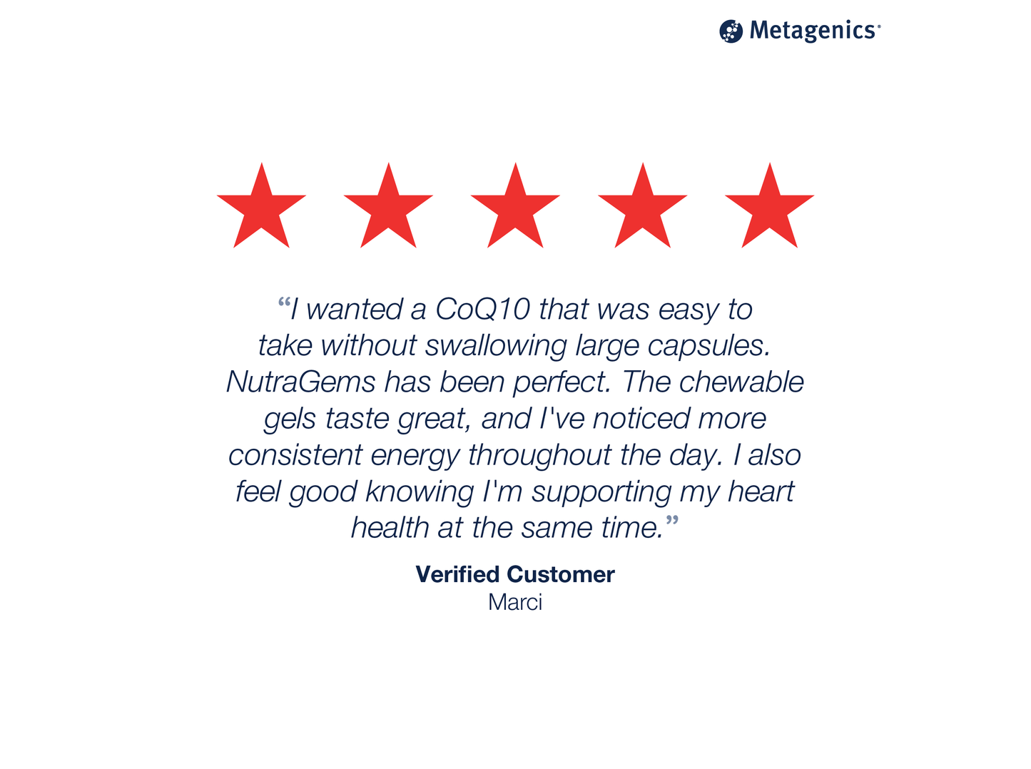 Five-star customer review for NutraGems CoQ10 300 mg with testimonial text and Metagenics branding