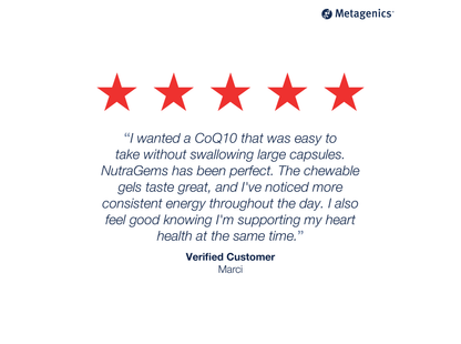 Five-star customer review for NutraGems CoQ10 300 mg with testimonial text and Metagenics branding