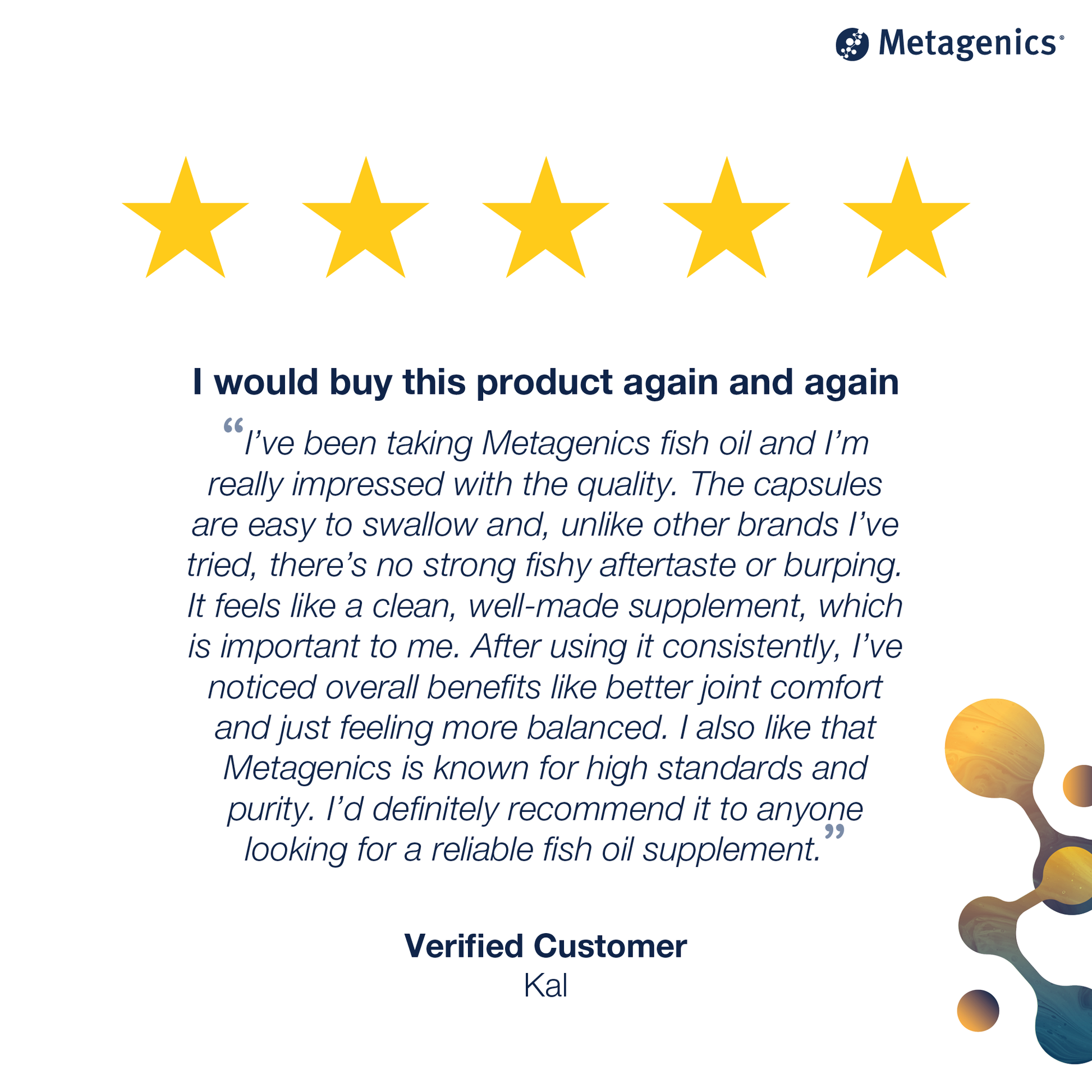 Five-star customer review for OmegaGenics Fish Oil EPA-DHA 1000 mg with testimonial text and Metagenics branding