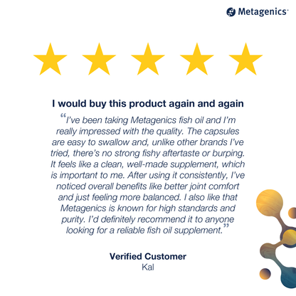 Five-star customer review for OmegaGenics Fish Oil EPA-DHA 1000 mg with testimonial text and Metagenics branding