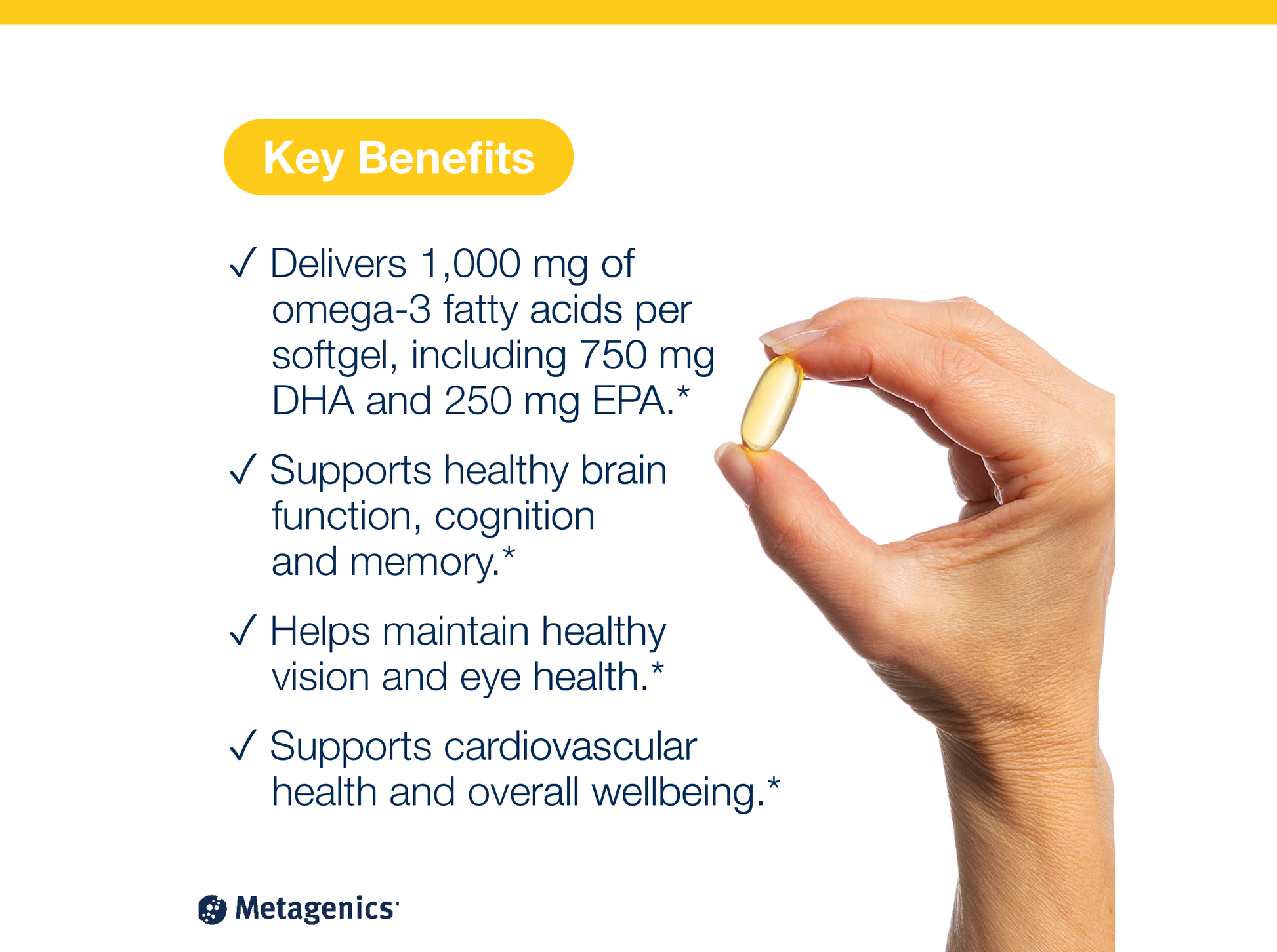 Hand holding an OmegaGenics Fish Oil Neuro 1000 mg softgel capsule beside key product benefits and Metagenics branding