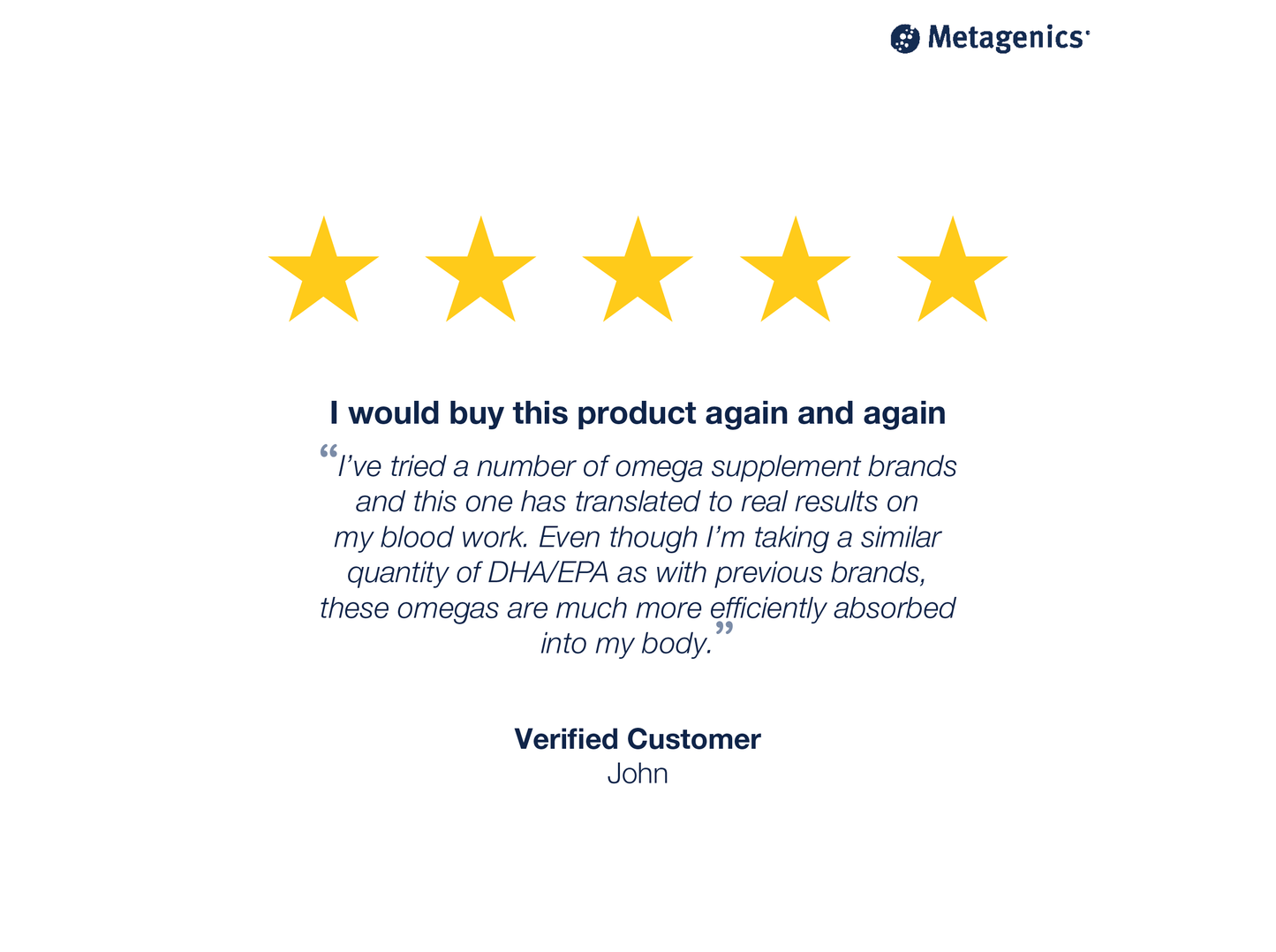 Five-star customer review for OmegaGenics Fish Oil Neuro 1000 mg with testimonial text and Metagenics branding