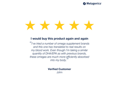 Five-star customer review for OmegaGenics Fish Oil Neuro 1000 mg with testimonial text and Metagenics branding