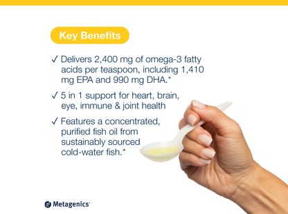 Hand holding a teaspoon of OmegaGenics Fish Oil EPA-DHA 2400 mg beside key product benefits and Metagenics branding