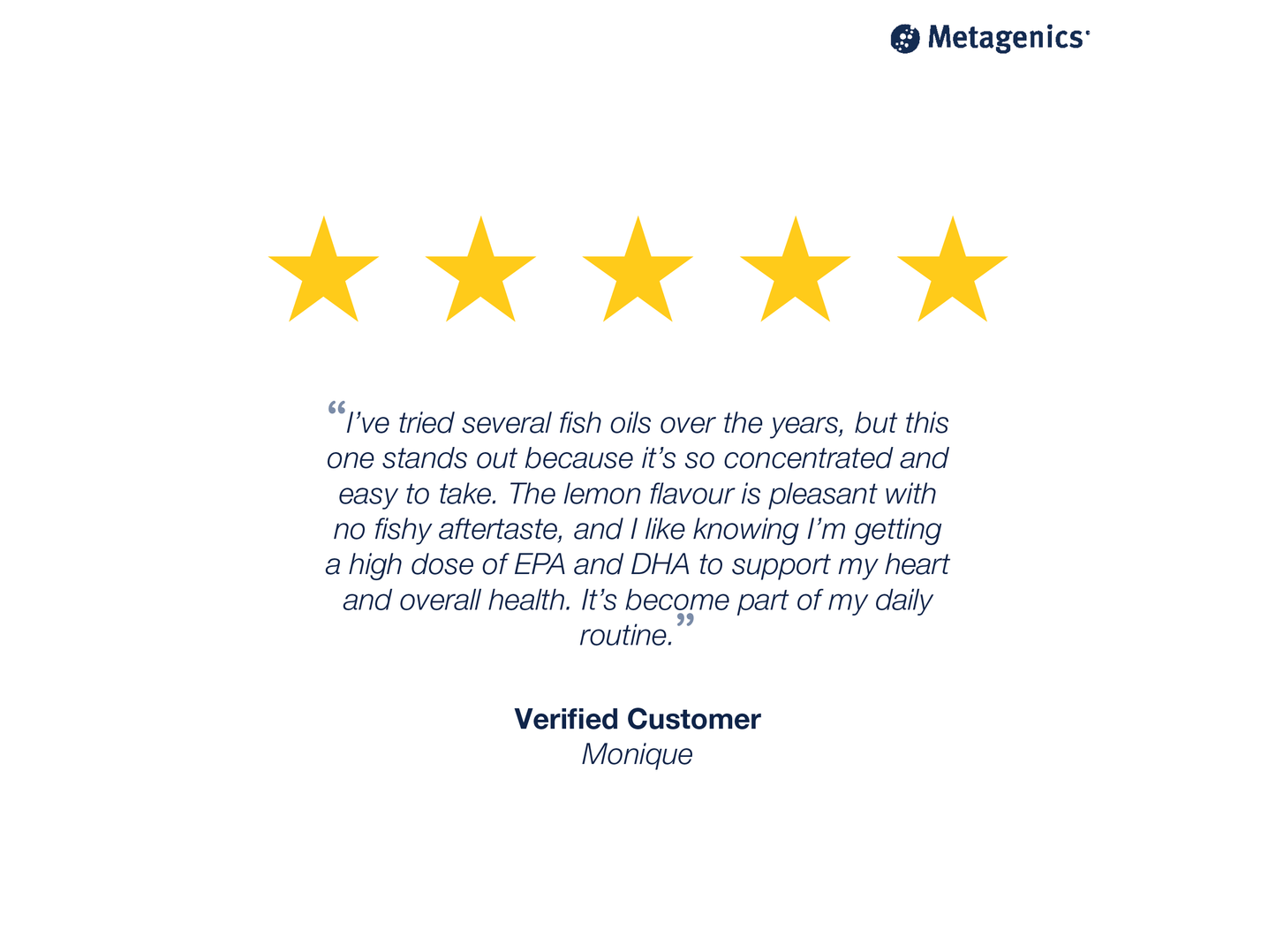 Five-star customer review for OmegaGenics Fish Oil EPA-DHA 2400 mg with testimonial text and Metagenics branding