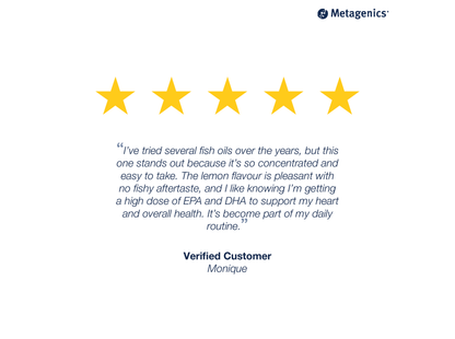 Five-star customer review for OmegaGenics Fish Oil EPA-DHA 2400 mg with testimonial text and Metagenics branding