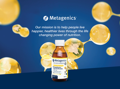 Metagenics OmegaGenics Fish Oil EPA-DHA 2400 mg displayed with the Metagenics mission to help people live happier and healthier lives through the life-changing power of nutrition