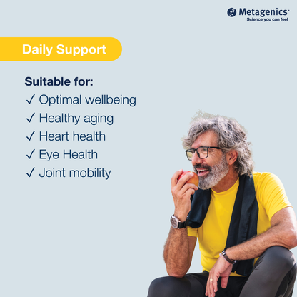 Information about daily cardiovascular health support with OmegaGenics Fish Oil EPA-DHA 720 mg and lifestyle imagery