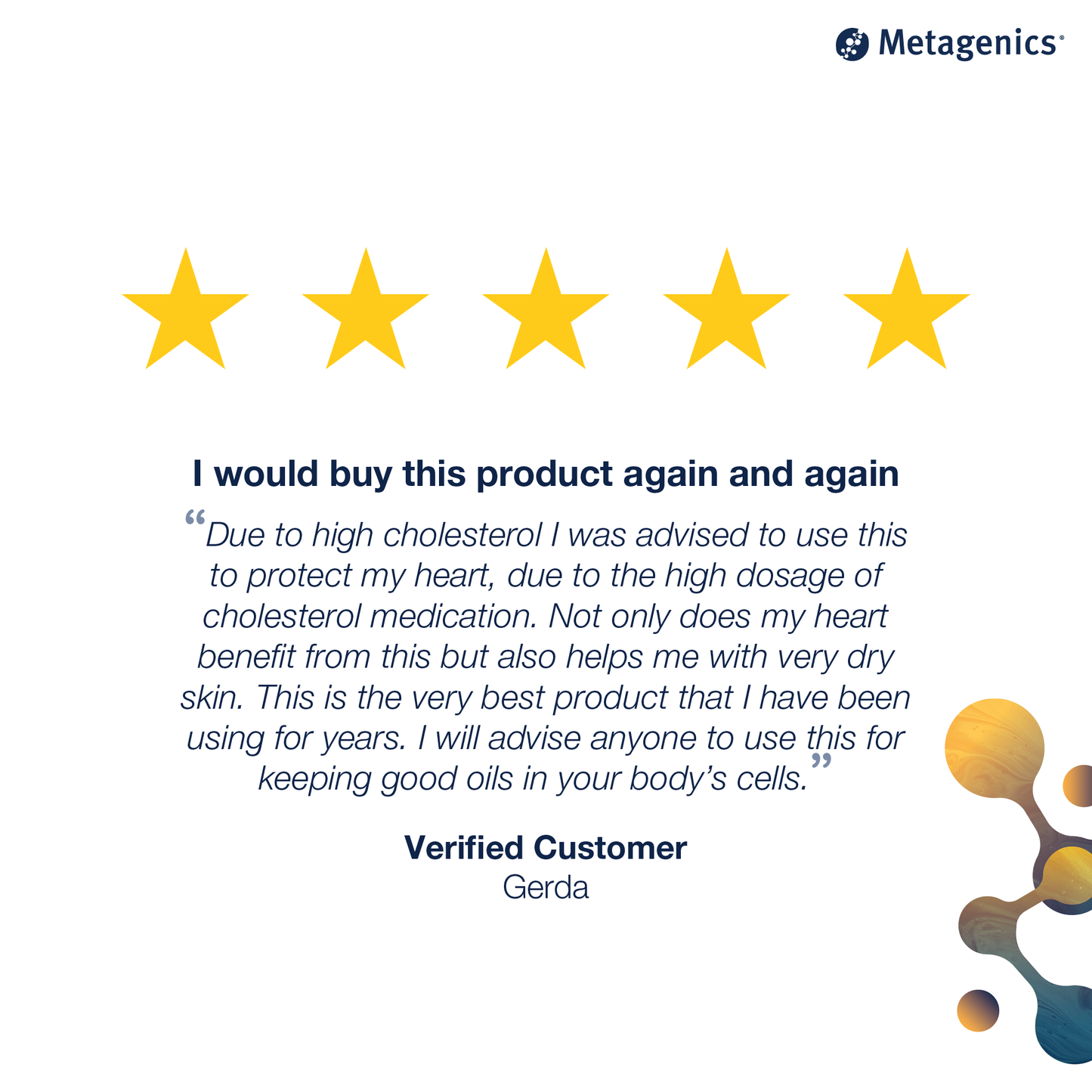 Five-star customer review for OmegaGenics Fish Oil EPA-DHA 720 mg with testimonial text and Metagenics branding