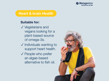 Information about brain health and cognitive support with OmegaGenics Algae Omega-3s 300 mg and lifestyle imagery