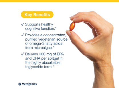 Hand holding an OmegaGenics Algae Omega-3s softgel capsule beside key product benefits and Metagenics branding