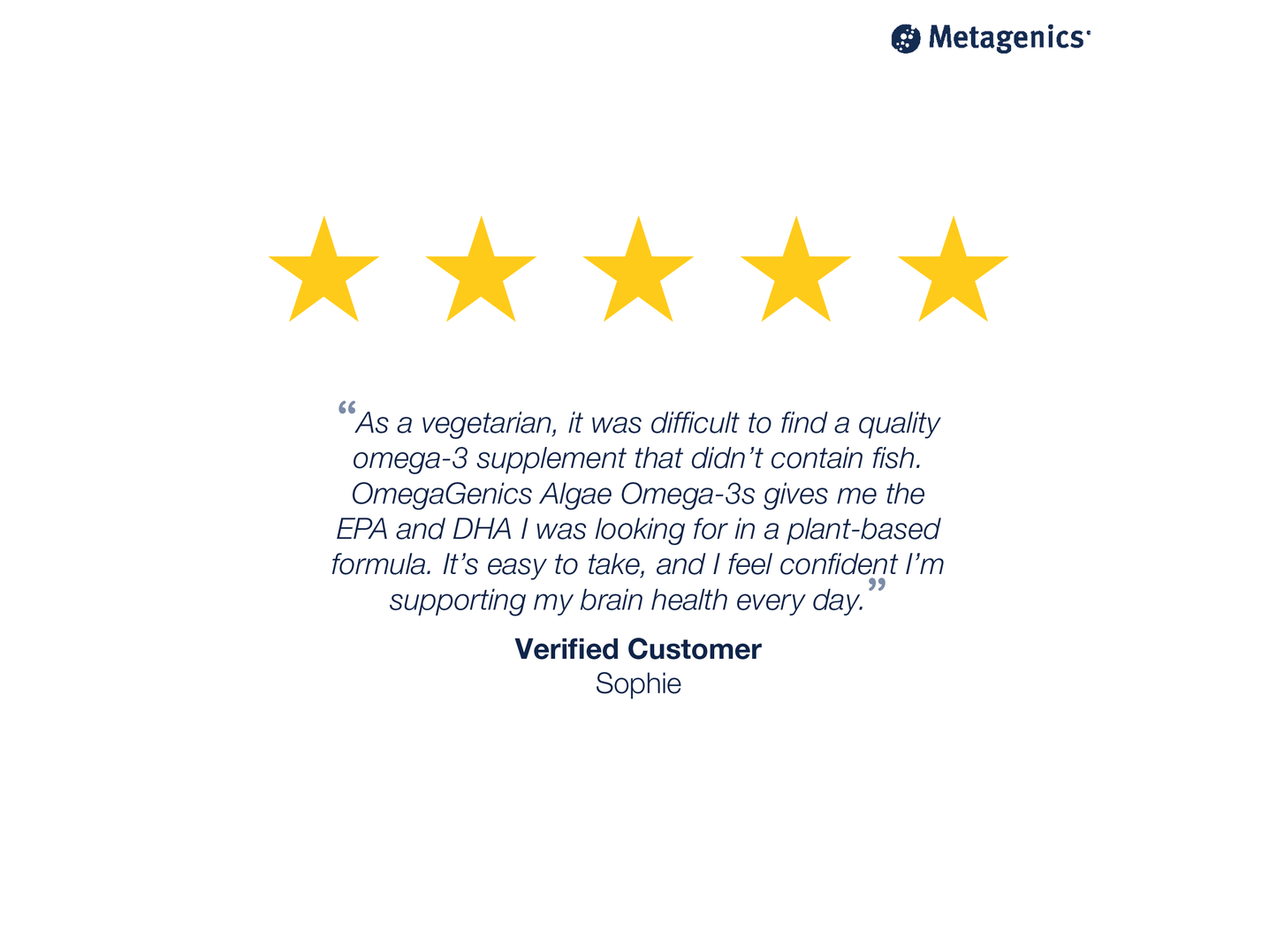 Five-star customer review for OmegaGenics Algae Omega-3s 300 mg with testimonial text and Metagenics branding