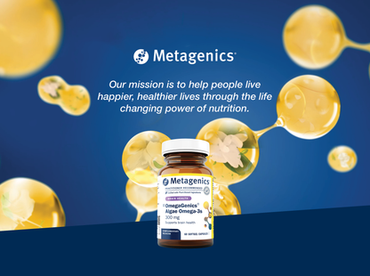 Metagenics OmegaGenics Algae Omega-3s 300 mg supplement bottle displayed with the Metagenics mission to help people live happier and healthier lives through the life-changing power of nutrition