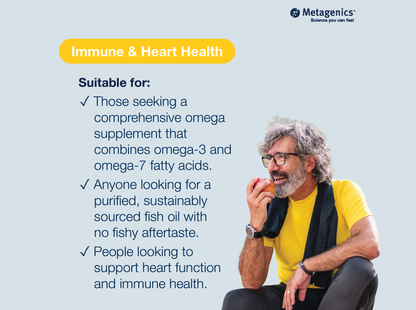 Information about immune and heart health support with OmegaGenics Mega 10 and lifestyle imagery