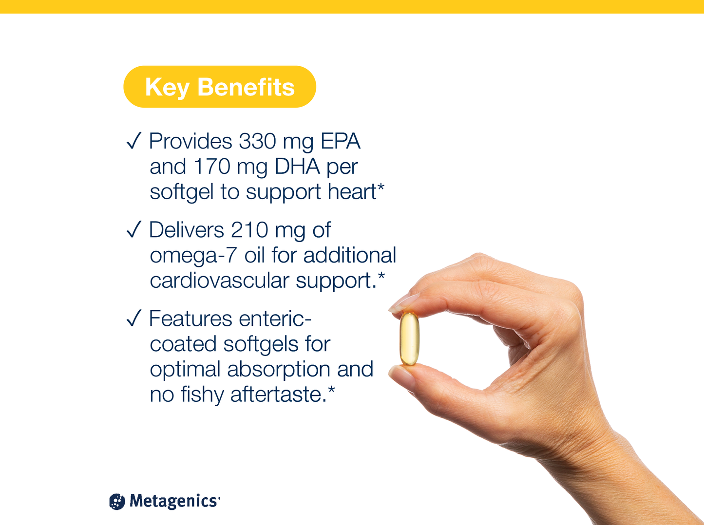 Hand holding an OmegaGenics Mega 10 softgel capsule beside key product benefits and Metagenics branding