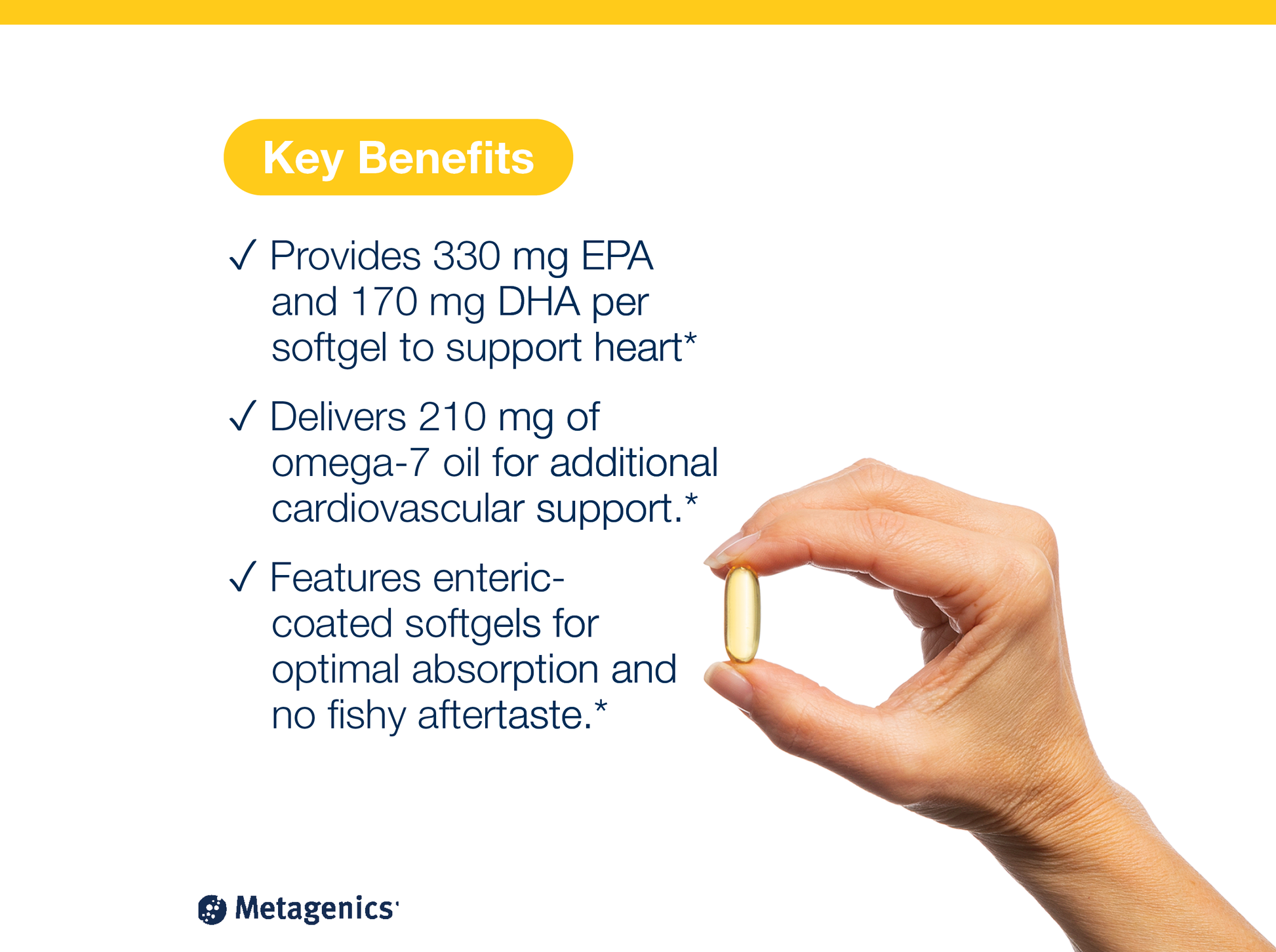 Hand holding an OmegaGenics Mega 10 softgel capsule beside key product benefits and Metagenics branding