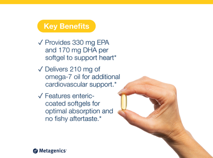 Hand holding an OmegaGenics Mega 10 softgel capsule beside key product benefits and Metagenics branding