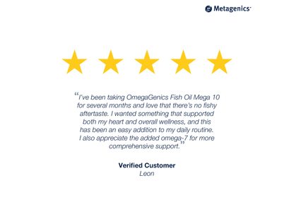 Five-star customer review for OmegaGenics Mega 10 with testimonial text and Metagenics branding