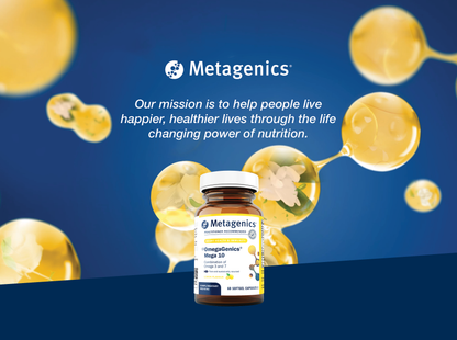 Metagenics OmegaGenics Mega 10 supplement bottle displayed with the Metagenics mission to help people live happier and healthier lives through the life-changing power of nutrition
