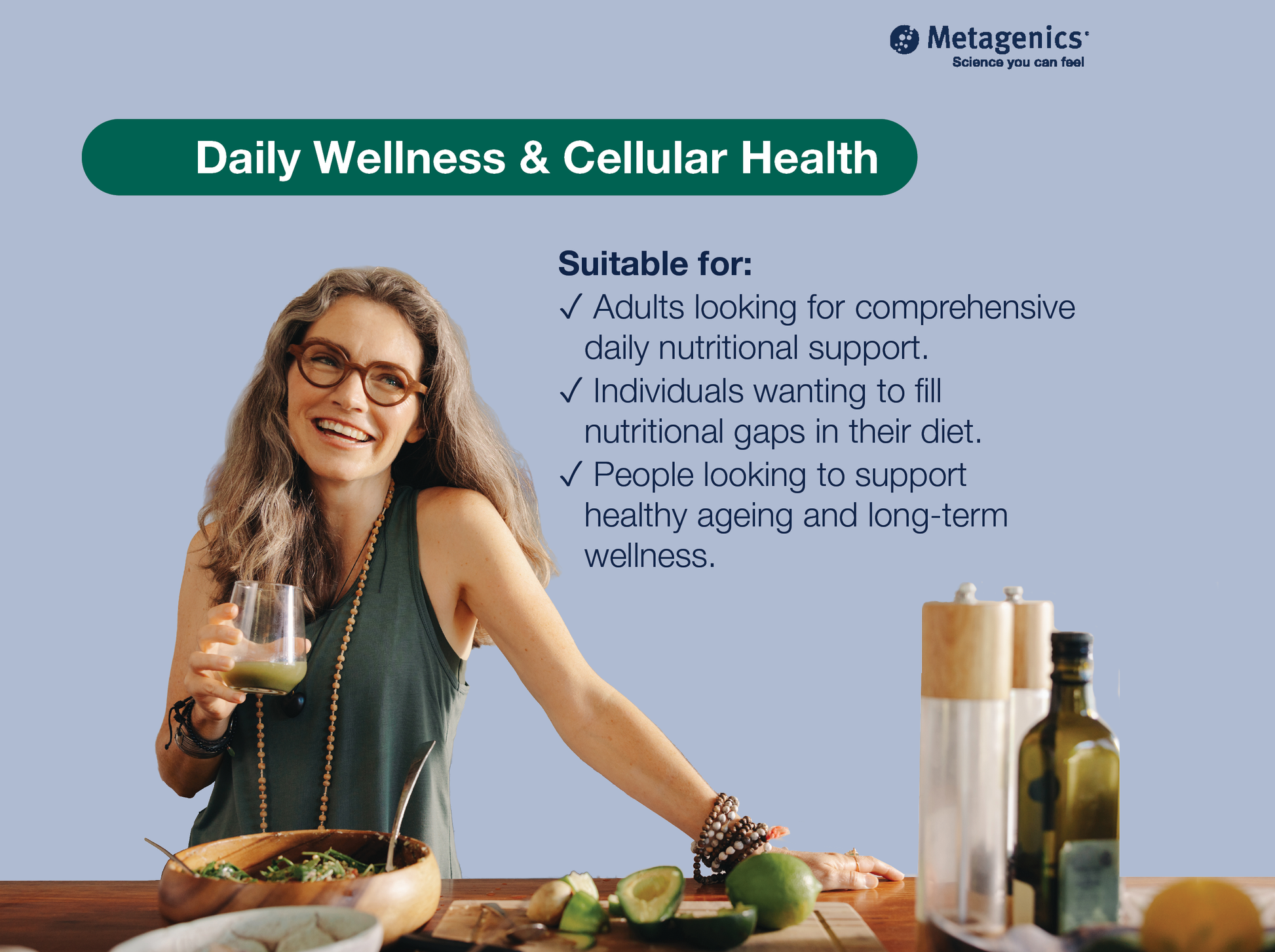 Information about daily wellbeing and nutritional support with PhytoMulti Multivitamin capsules and healthy lifestyle imagery