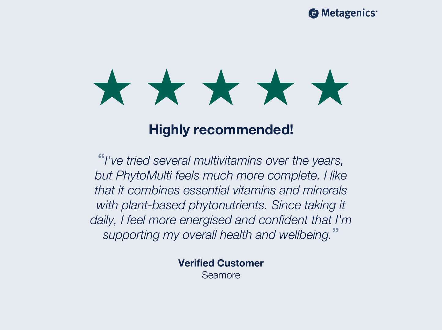 Five-star customer review for PhytoMulti Multivitamin capsules with testimonial text and Metagenics branding