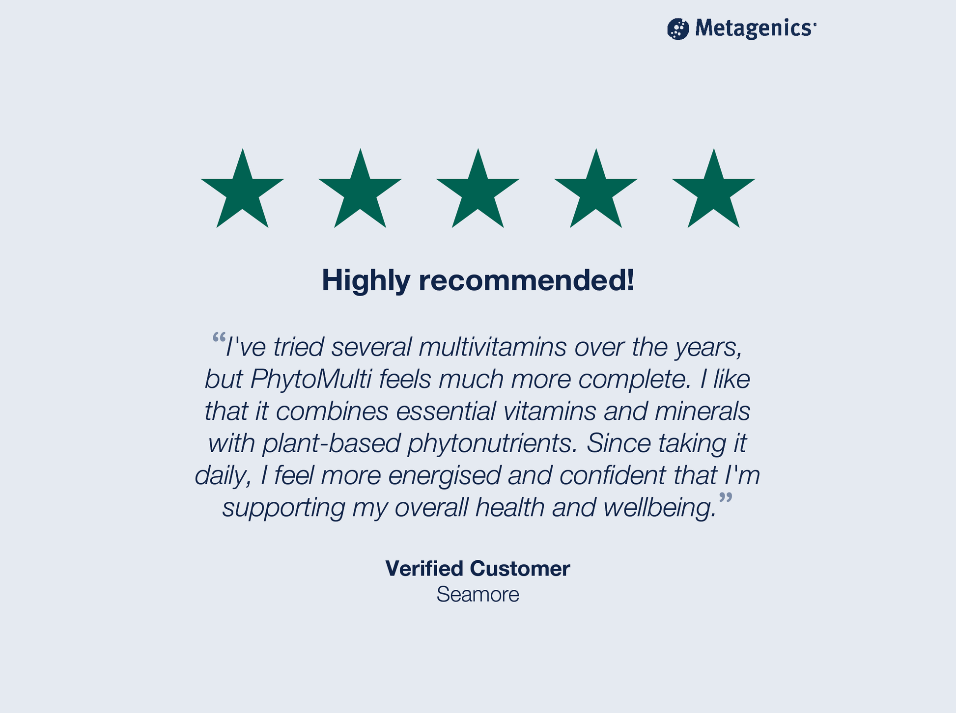Five-star customer review for PhytoMulti Multivitamin capsules with testimonial text and Metagenics branding