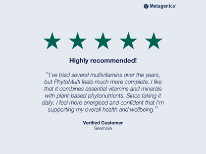 Five-star customer review for PhytoMulti Multivitamin capsules with testimonial text and Metagenics branding
