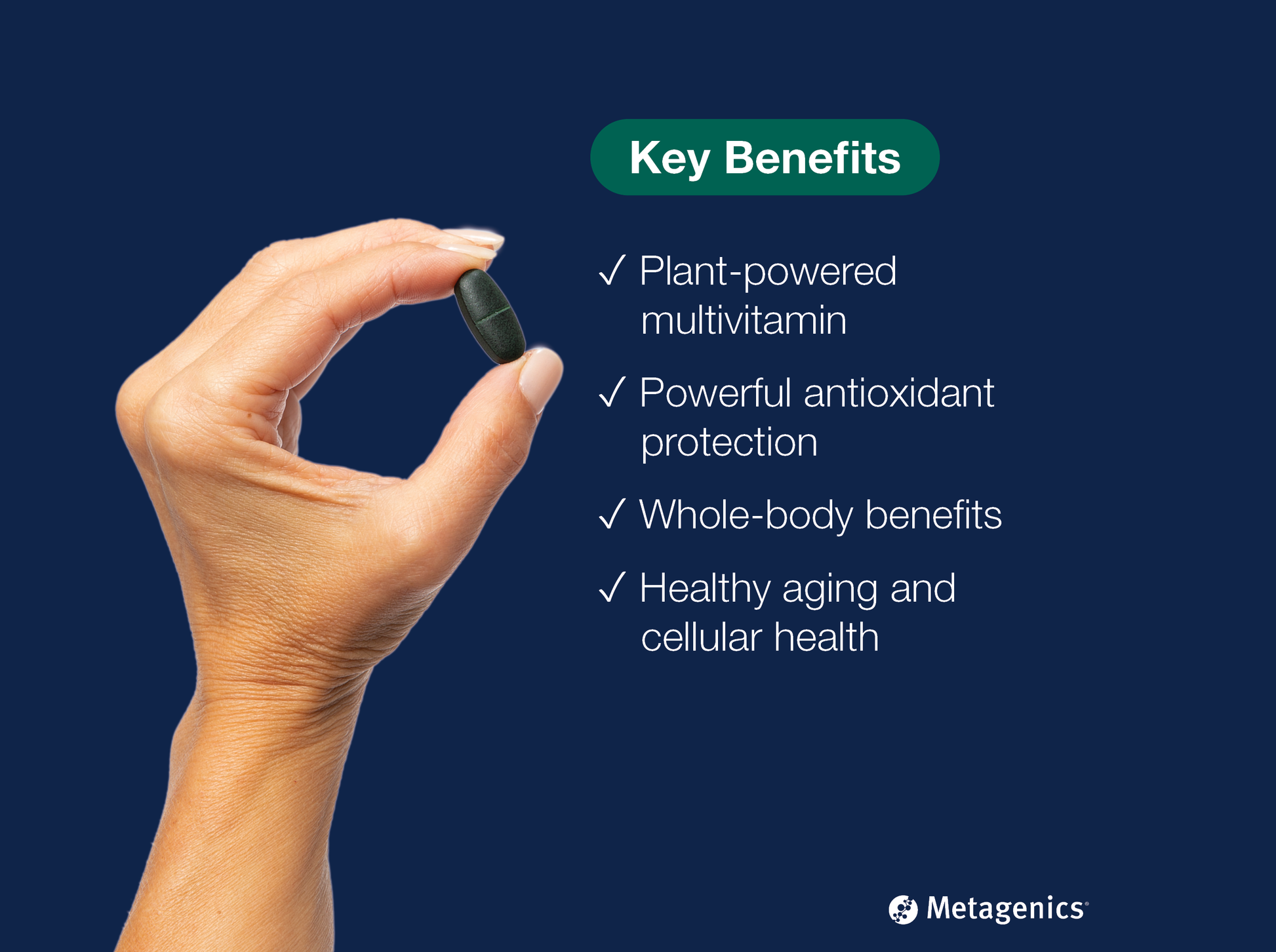 Hand holding a PhytoMulti Multivitamin tablet beside key product benefits and Metagenics branding
