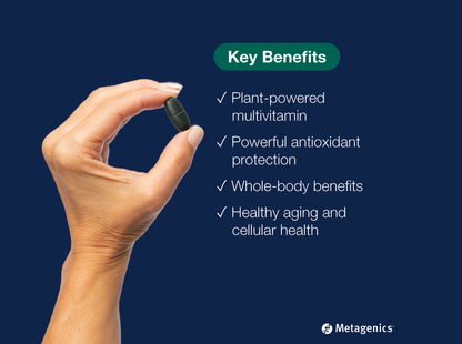 Hand holding a PhytoMulti Multivitamin tablet beside key product benefits and Metagenics branding