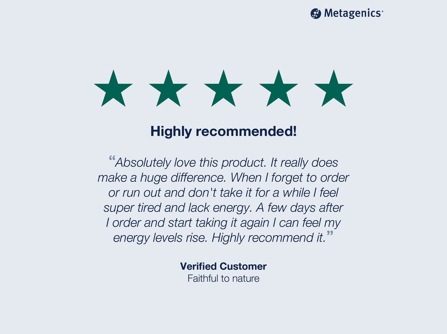 Five-star customer review for PhytoMulti Multivitamin with testimonial text and Metagenics branding
