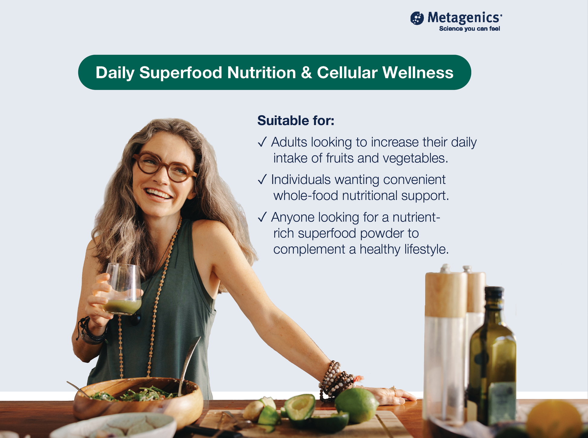 Information about daily nutritional wellness support with PhytoMulti Superfoods and healthy lifestyle imagery