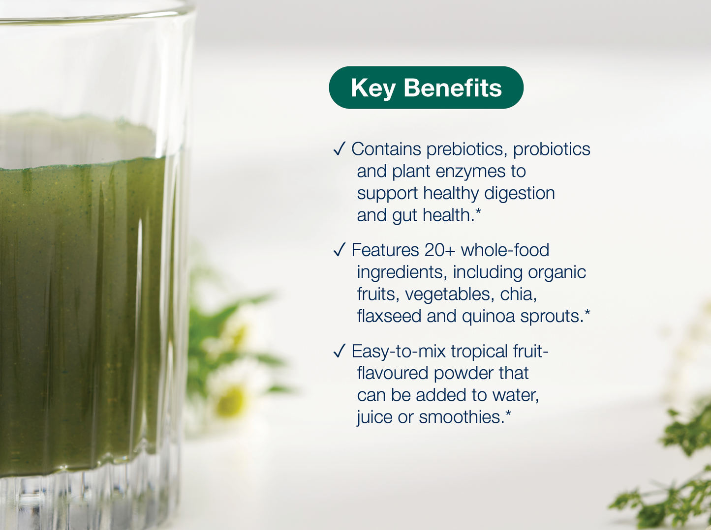 Glass of green PhytoMulti Superfoods drink beside key product benefits and Metagenics branding