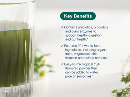 Glass of green PhytoMulti Superfoods drink beside key product benefits and Metagenics branding