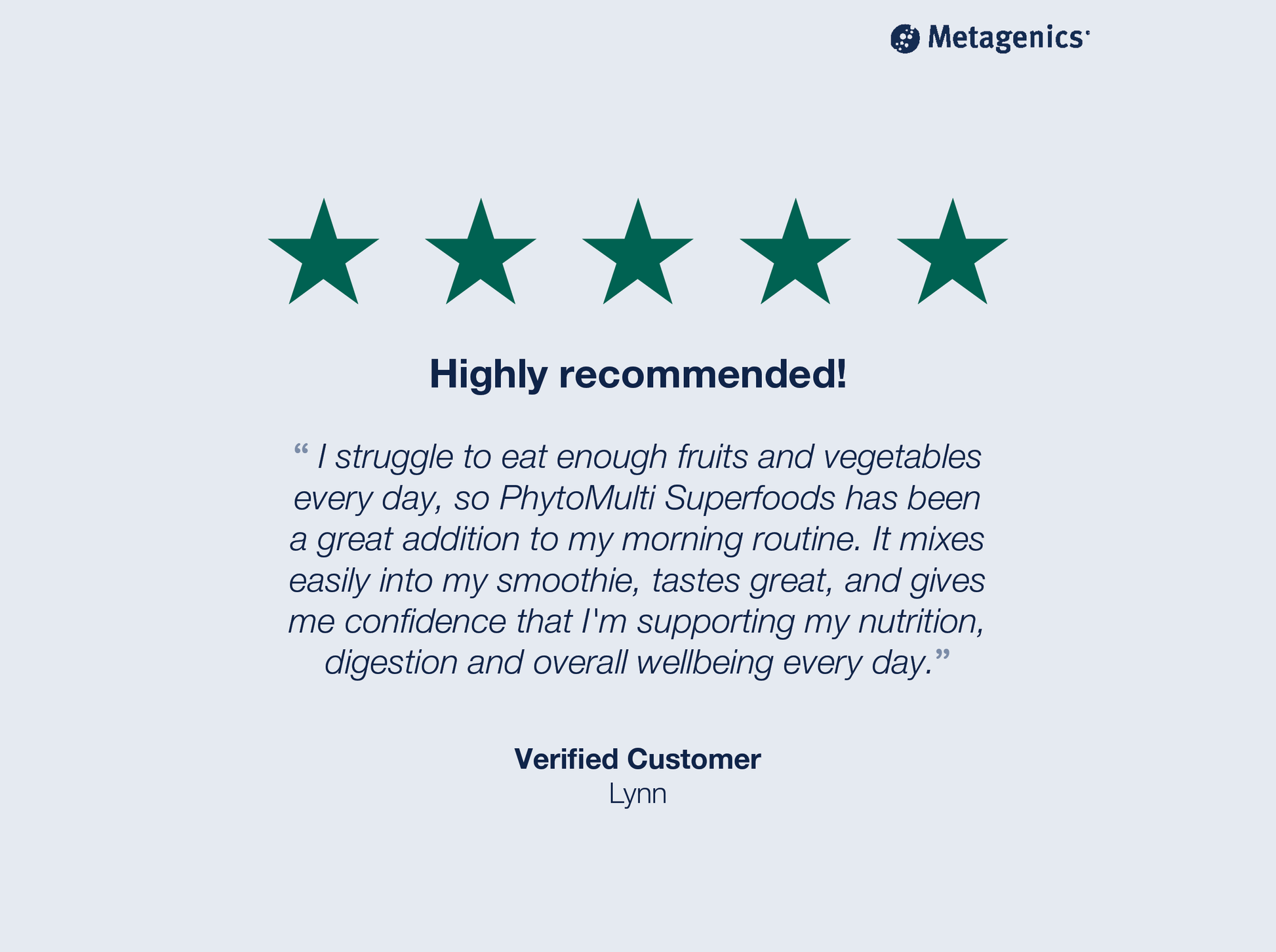 Five-star customer review for PhytoMulti Superfoods with testimonial text and Metagenics branding
