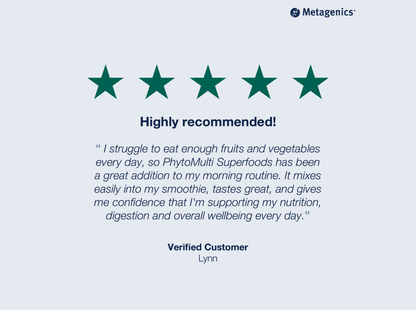 Five-star customer review for PhytoMulti Superfoods with testimonial text and Metagenics branding