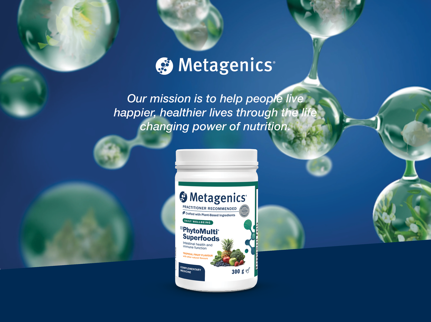 Metagenics PhytoMulti Superfoods displayed with the Metagenics mission to help people live happier and healthier lives through the life-changing power of nutrition