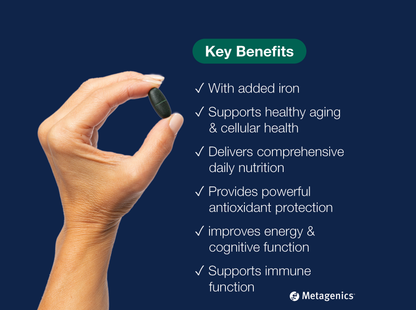 Hand holding a PhytoMulti Multivitamin with Iron tablet beside key product benefits and Metagenics branding