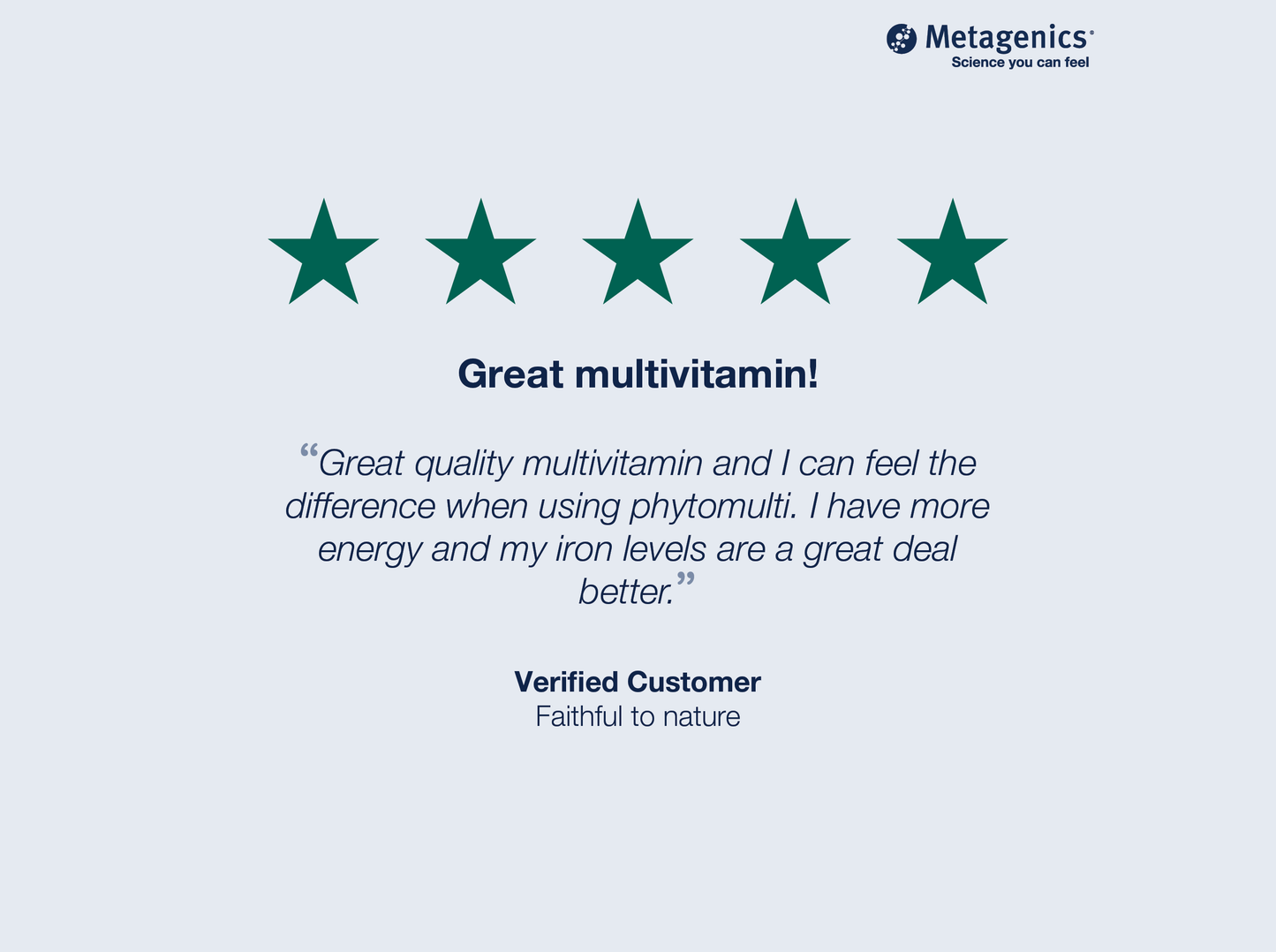 Five-star customer review for PhytoMulti Multivitamin with Iron with testimonial text and Metagenics branding