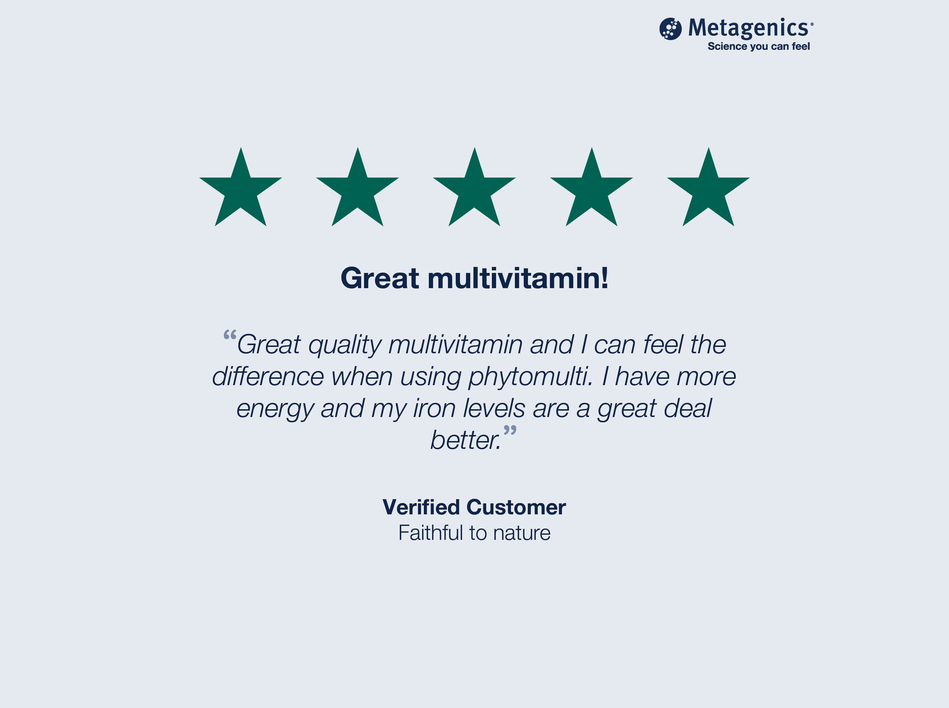 Five-star customer review for PhytoMulti Multivitamin with Iron with testimonial text and Metagenics branding