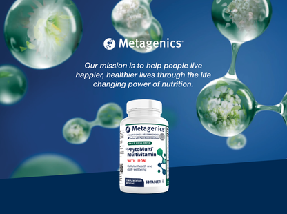 Metagenics PhytoMulti Multivitamin with Iron supplement bottle displayed with the Metagenics mission to help people live happier and healthier lives through the life-changing power of nutrition